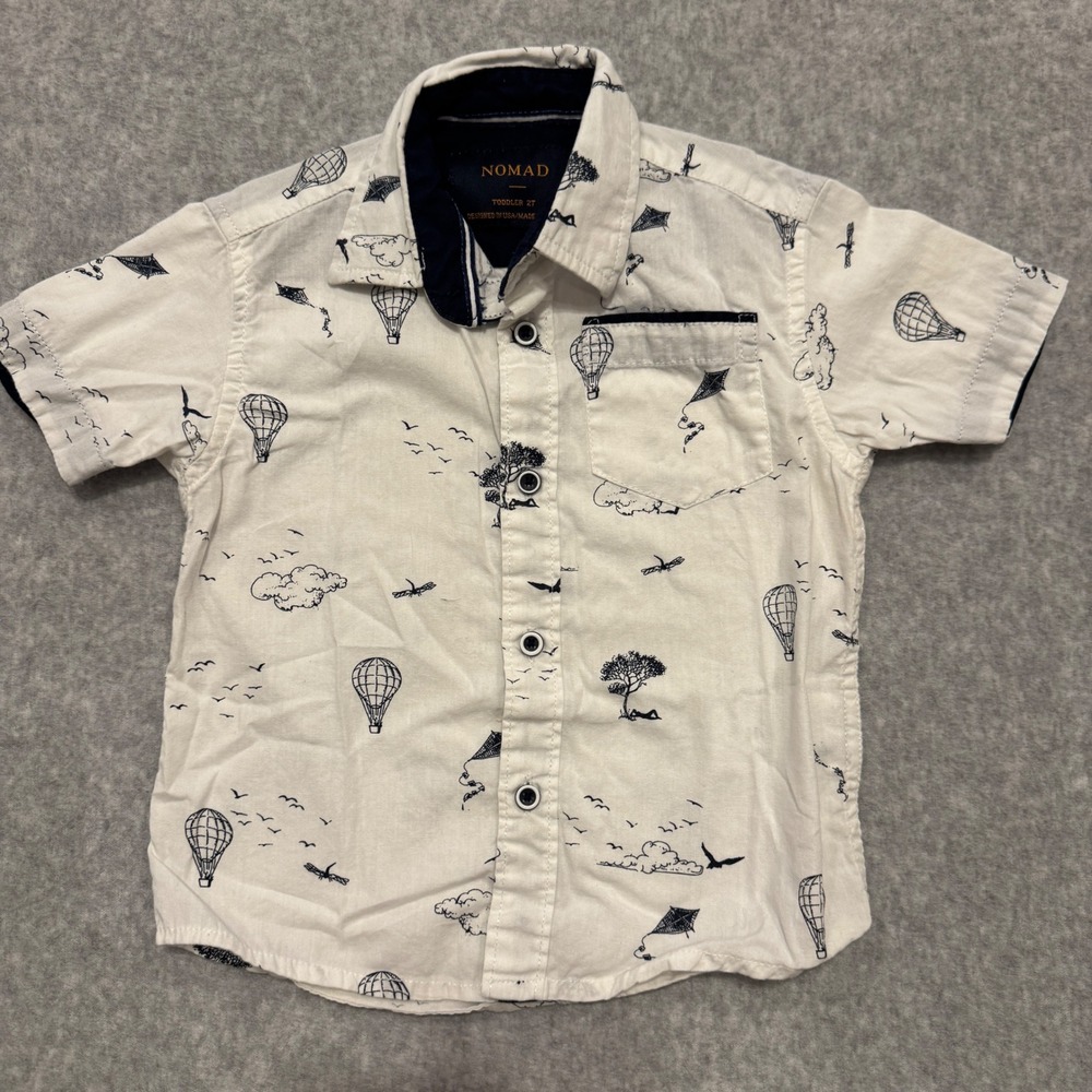 Nomad Toddler 2T White Navy Hot Air Balloon Kite Short Sleeve Button Down Shirt